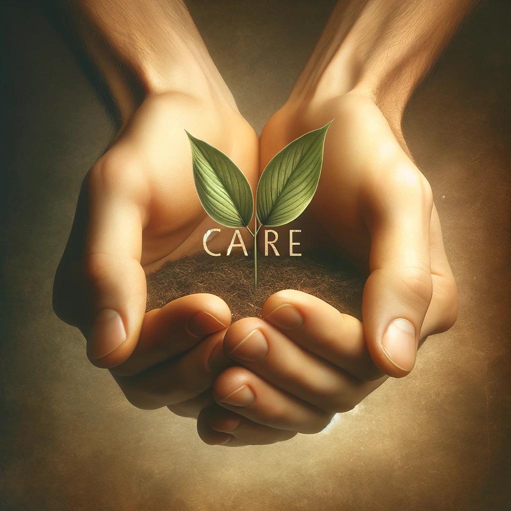 DALL·E 2024-02-02 07.58.50 - A visual representation of the word 'Care'. Picture a pair of hands cradling a small, delicate plant with a single green leaf, symbolizing nurturing,