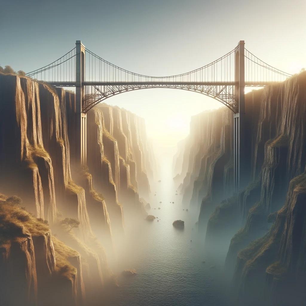 DALL·E 2024-02-02 07.58.55 - A visual representation of the word 'Support'. Envision a strong, sturdy bridge spanning across a vast chasm, connecting two separate cliffs. The brid