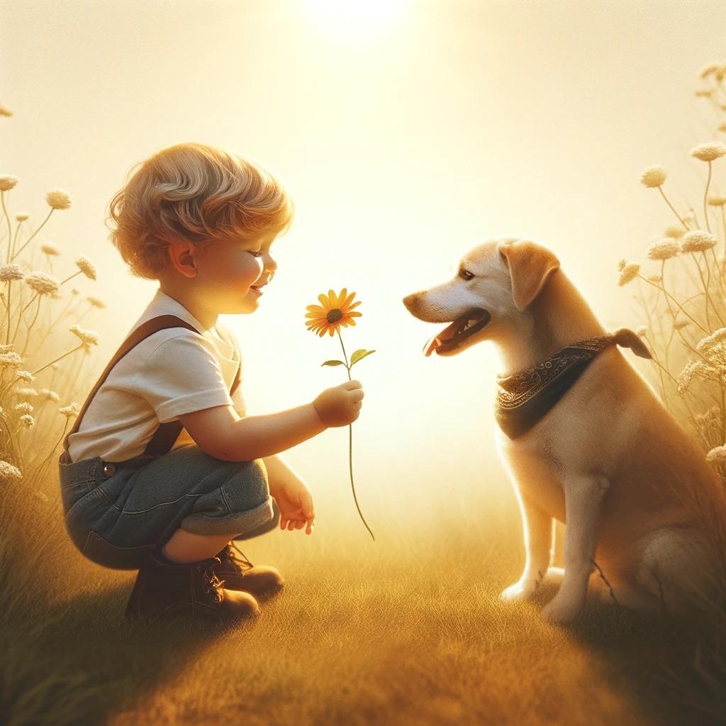 DALL·E 2024-02-02 08.03.13 - For a lighter and more approachable depiction of 'Trust', imagine a small child offering a flower to a friendly dog. The scene is set in a sunny, gras