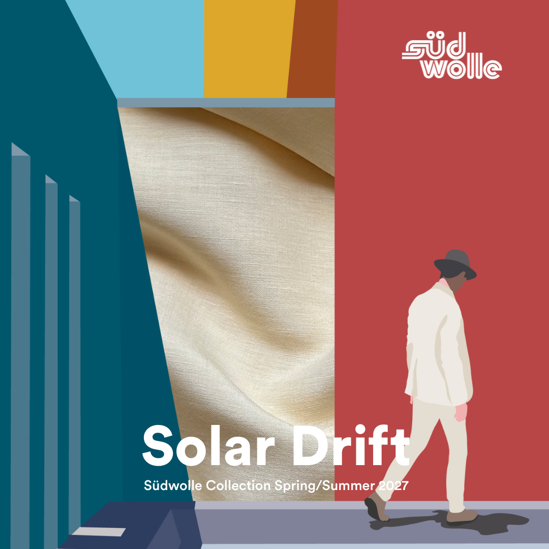 Stylized illustration of a person in light clothing and hat walking by colorful geometric walls, featuring a close-up of pale, textured fabric. Text reads Solar Drift Südwolle Collection Spring/Summer 2027.