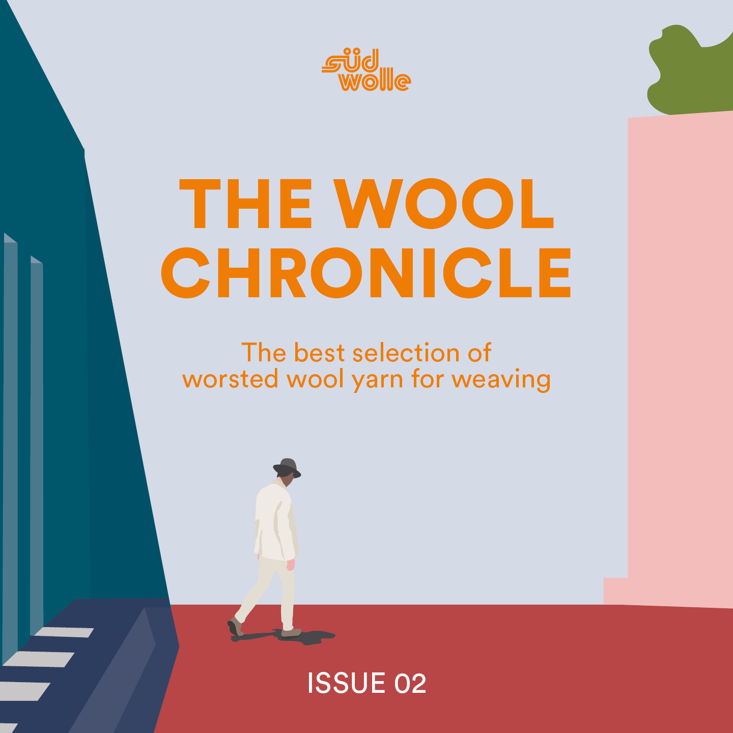 An illustrated cover for The Wool Chronicle, Issue 02, featuring a person in white walking on a red path, modern buildings, and the tagline The best selection of worsted wool yarn for weaving.
