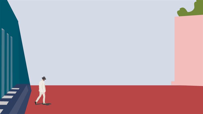 Minimalist illustration of a person in white clothing and a hat walking on a red ground near a blue building, with a large empty sky and a pink wall with greenery on top in the background.
