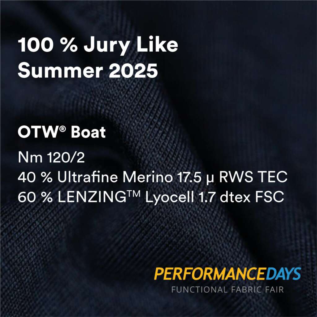White text on dark fabric reads: 100% Jury Like Summer 2025. OTW Boat. Nm 120/2. 40% Ultrafine Merino 17.5 µ RWS TEC, 60% LENZING Lyocell 1.7 dtex FSC. PERFORMANCE DAYS logo is at the bottom right.