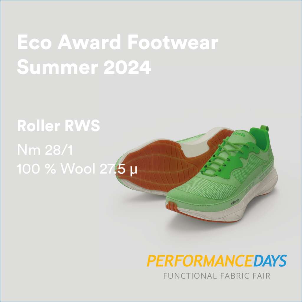 Two green sneakers with white soles on a light background. Text reads: Eco Award Footwear Summer 2024, Roller RWS, Nm 28/1, 100% Wool 27.5 µ, and PERFORMANCE DAYS Functional Fabric Fair..