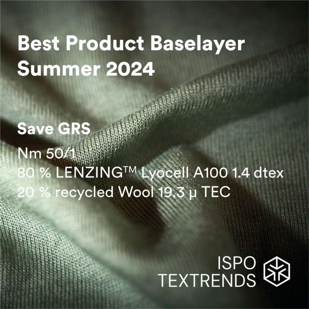 Close-up of green fabric with text: Best Product Baselayer Summer 2024. Save GRS. Nm 50/1. 80% LENZING Lyocell A100, 20% recycled wool. ISPO TEXTRENDS logo in bottom right.