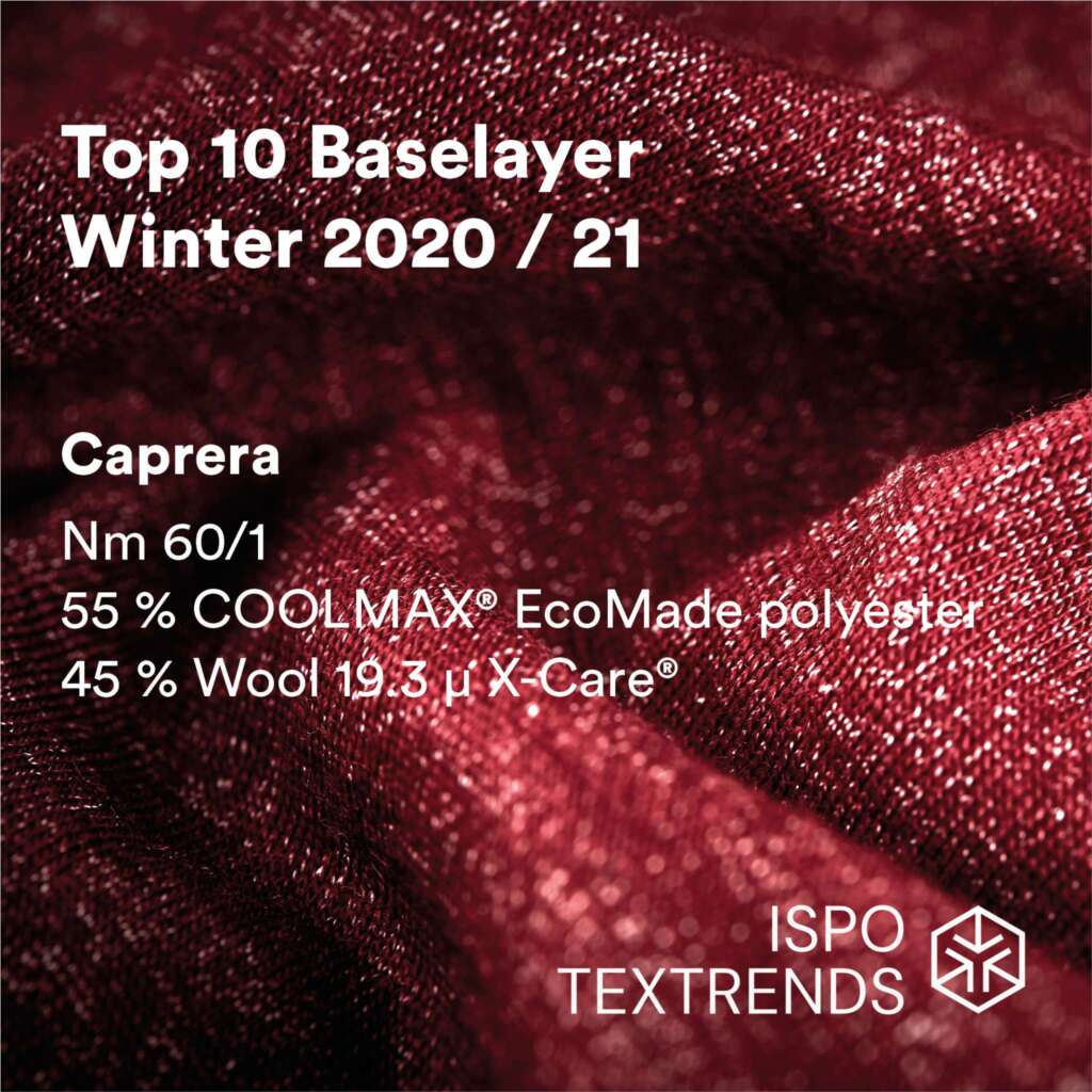 Close-up of red shimmering fabric with white text listing its composition and the title Top 10 Baselayer Winter 2020/21 along with ISPO TEXTRENDS logo in the corner.