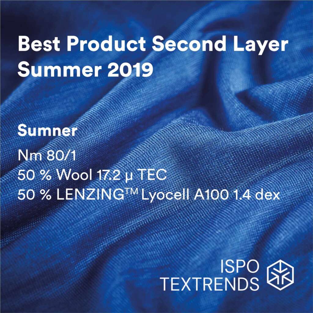 Blue woven fabric with visible texture. White text reads: Best Product Second Layer Summer 2019. Sumner. Nm 80/1, 50% Wool 17.2 µ TEC, 50% LENZING Lyocell A100 1.4 dex. ISPO TEXTRENDS logo is at the bottom right.