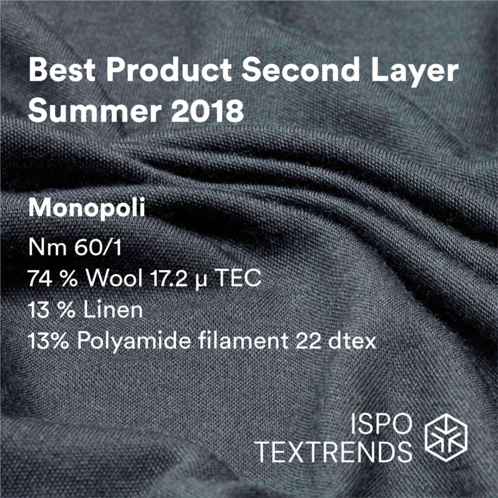 Close-up of textured dark gray fabric with text describing it as the Best Product Second Layer Summer 2018, listing its composition and specifications. ISPO TEXTRENDS logo appears in the bottom right corner.