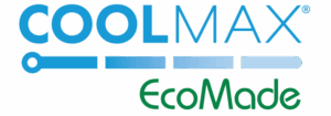 COOLMAX EcoMade logo with blue and green text and four horizontal bars below, set on a light gray background.